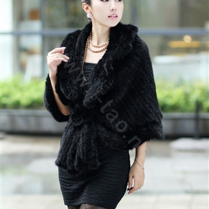 Winter Women's Genuine Knitting Mink Fur Shawls Warm Wraps Female Slim Poncho - Black