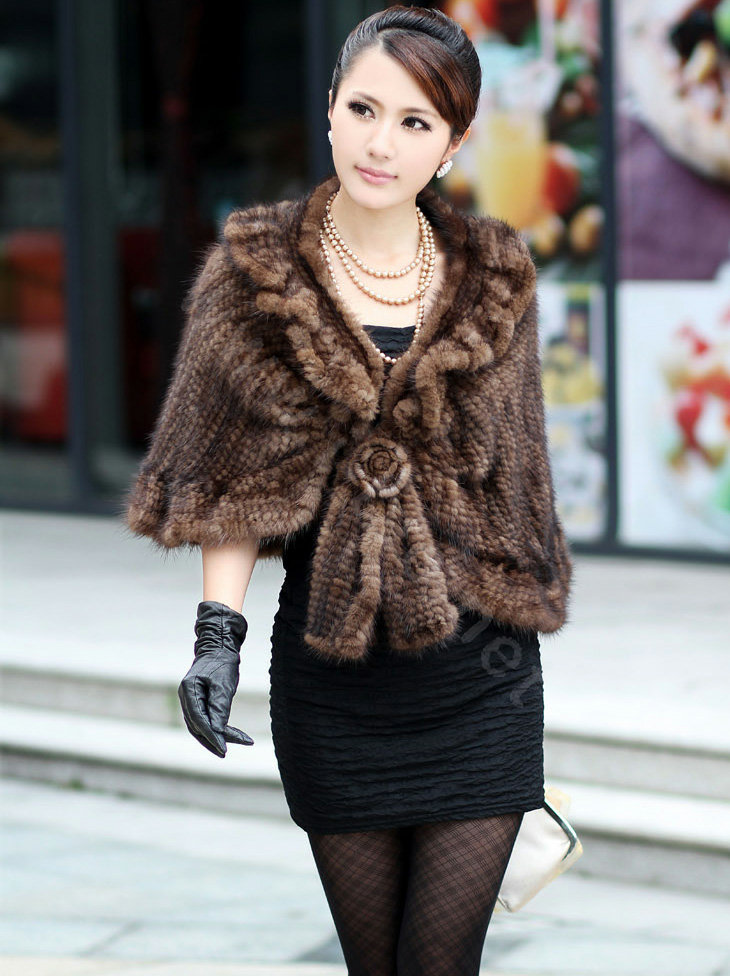 Winter Women's Genuine Knitting Mink Fur Shawls Warm Wraps Female Slim Poncho - Brown