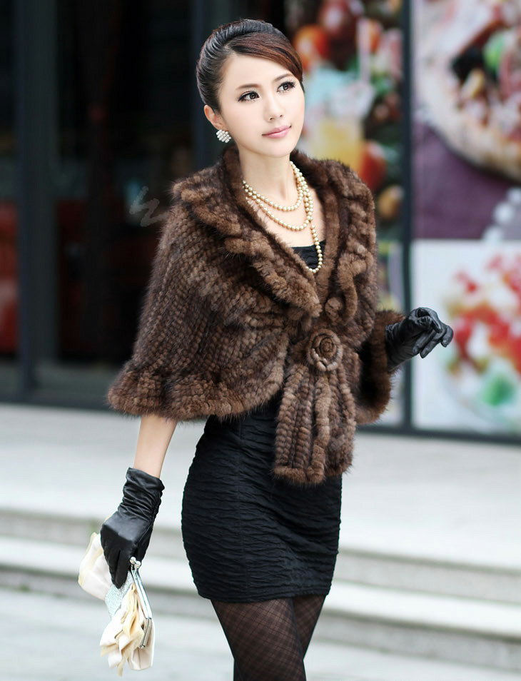 Winter Women's Genuine Knitting Mink Fur Shawls Warm Wraps Female Slim Poncho - Brown