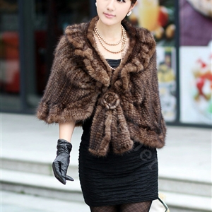 Winter Women's Genuine Knitting Mink Fur Shawls Warm Wraps Female Slim Poncho - Brown