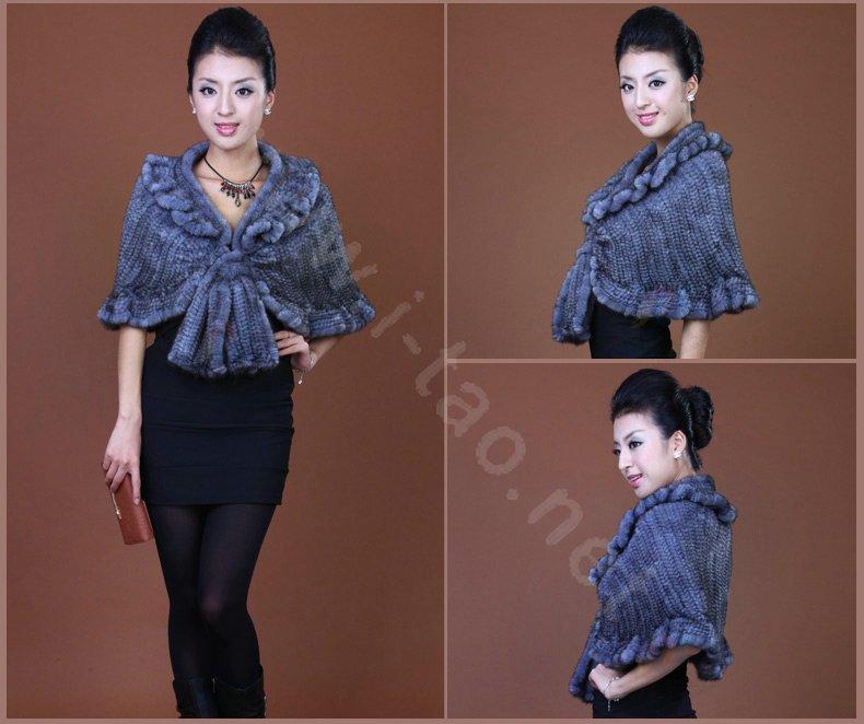 Winter Women's Genuine Knitting Mink Fur Shawls Warm Wraps Female Slim Poncho - Grey