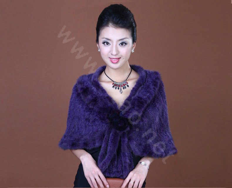Winter Women's Genuine Knitting Mink Fur Shawls Warm Wraps Female Slim Poncho - Purple