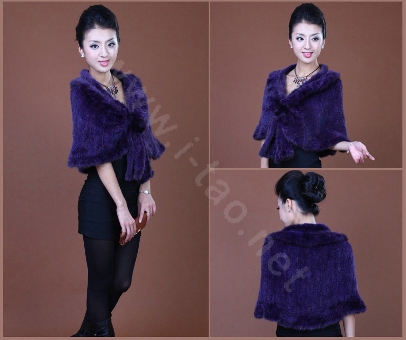 Winter Women's Genuine Knitting Mink Fur Shawls Warm Wraps Female Slim Poncho - Purple