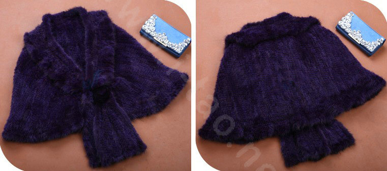 Winter Women's Genuine Knitting Mink Fur Shawls Warm Wraps Female Slim Poncho - Purple