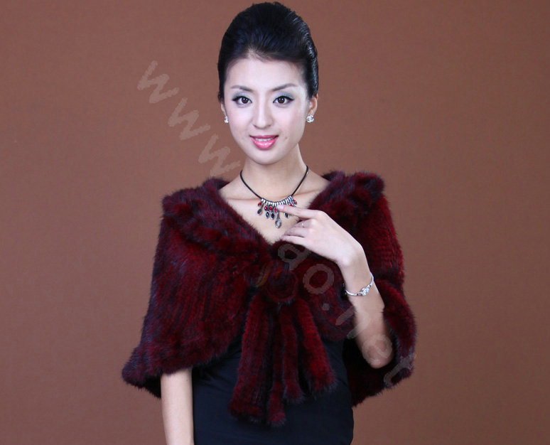 Winter Women's Genuine Knitting Mink Fur Shawls Warm Wraps Female Slim Poncho - Red