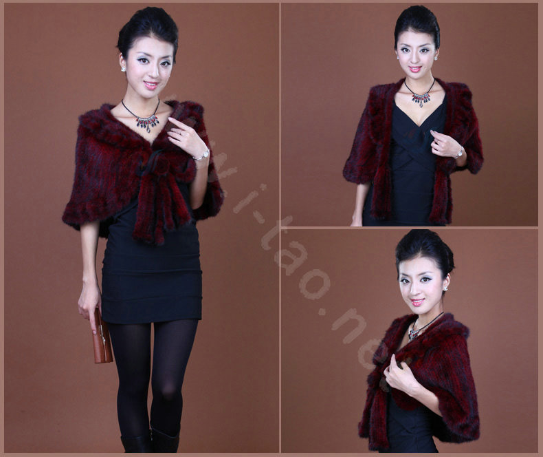 Winter Women's Genuine Knitting Mink Fur Shawls Warm Wraps Female Slim Poncho - Red
