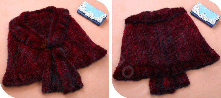 Winter Women's Genuine Knitting Mink Fur Shawls Warm Wraps Female Slim Poncho - Red