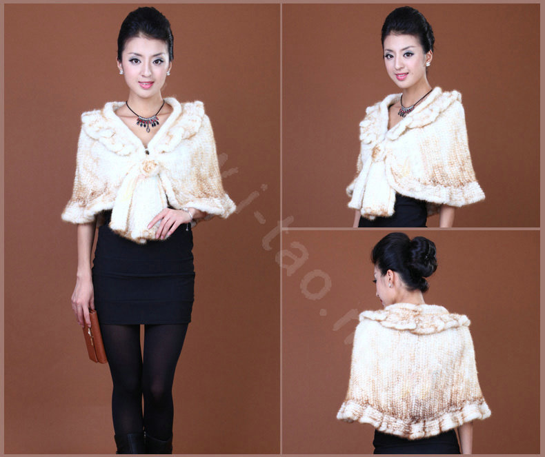 Winter Women's Genuine Knitting Mink Fur Shawls Warm Wraps Female Slim Poncho - White
