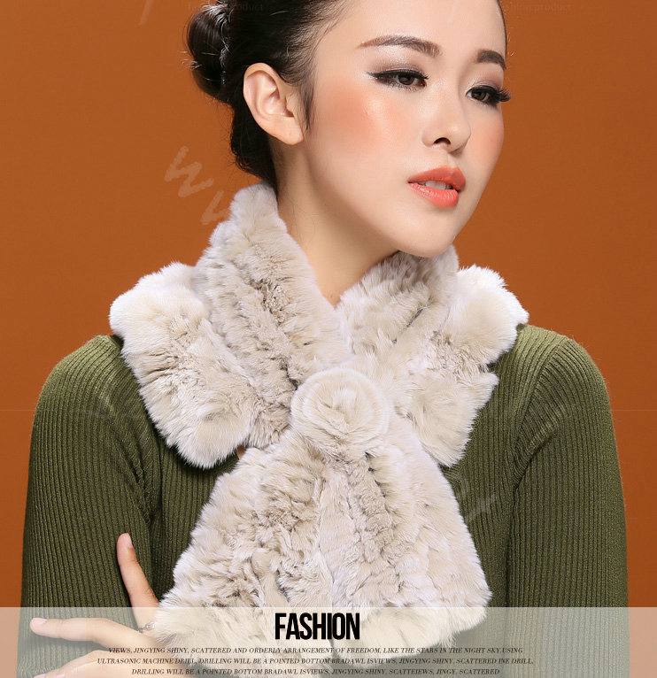 Winter women warm knitted Flower Rex rabbit fur scarf female neck wraps - Beige