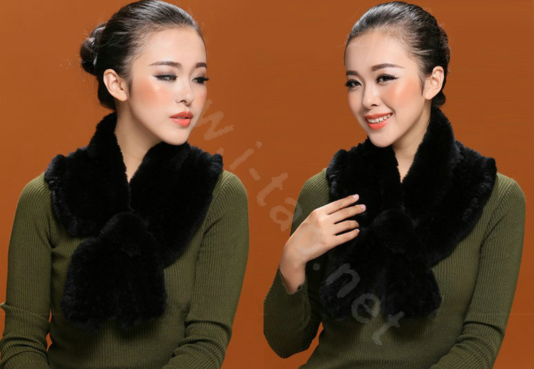Winter women warm knitted Flower Rex rabbit fur scarf female neck wraps - Black