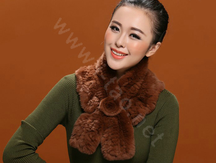 Winter women warm knitted Flower Rex rabbit fur scarf female neck wraps - Brown
