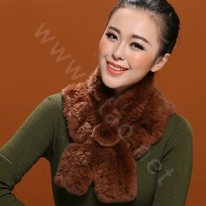 Winter women warm knitted Flower Rex rabbit fur scarf female neck wraps - Brown