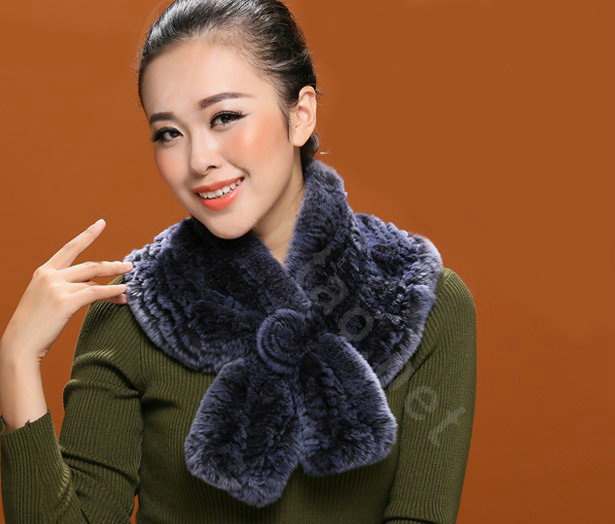 Winter women warm knitted Flower Rex rabbit fur scarf female neck wraps - Dark Blue