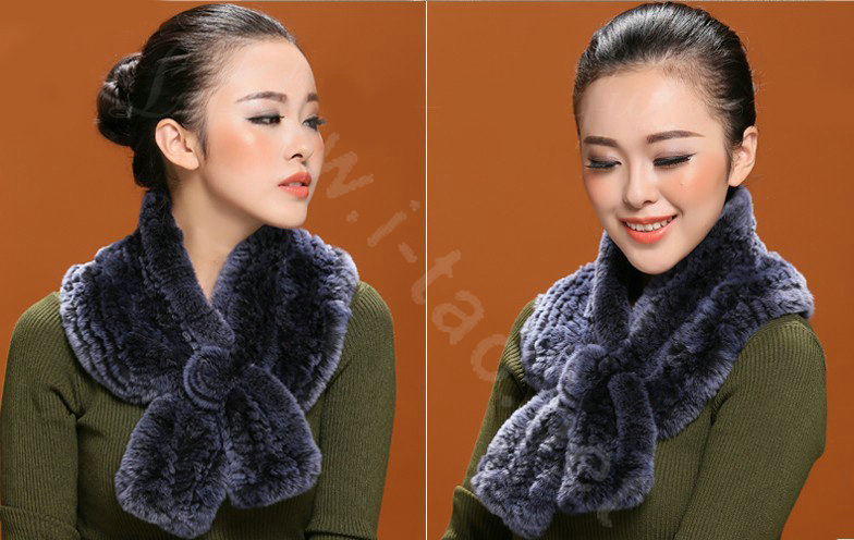 Winter women warm knitted Flower Rex rabbit fur scarf female neck wraps - Dark Blue