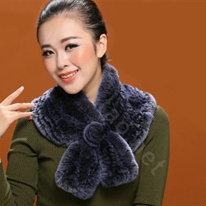 Winter women warm knitted Flower Rex rabbit fur scarf female neck wraps - Dark Blue