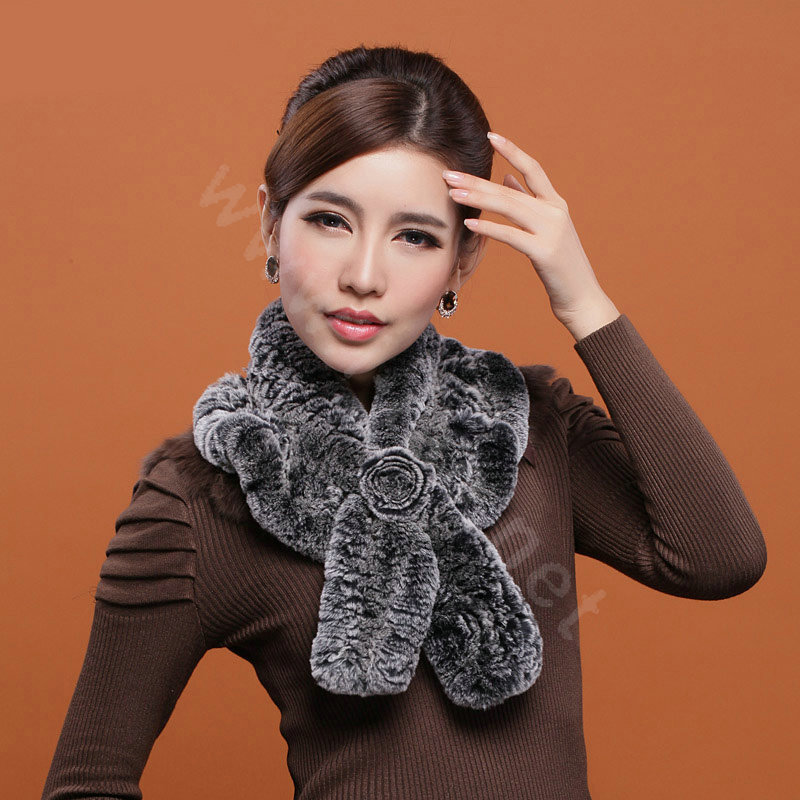 Winter women warm knitted Flower Rex rabbit fur scarf female neck wraps - Dark Grey