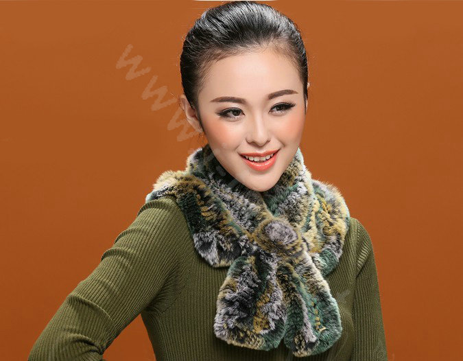 Winter women warm knitted Flower Rex rabbit fur scarf female neck wraps - Green