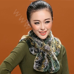 Winter women warm knitted Flower Rex rabbit fur scarf female neck wraps - Green