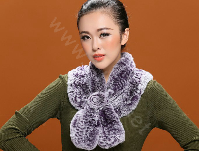 Winter women warm knitted Flower Rex rabbit fur scarf female neck wraps - Purple