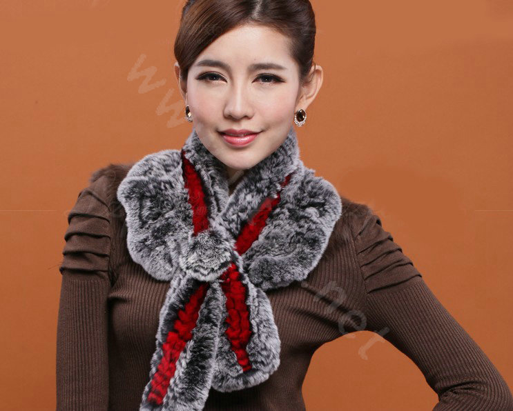 Winter women warm knitted Flower Rex rabbit fur scarf female neck wraps - Red Grey