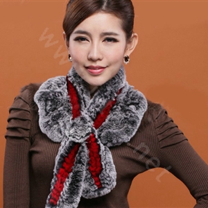 Winter women warm knitted Flower Rex rabbit fur scarf female neck wraps - Red Grey