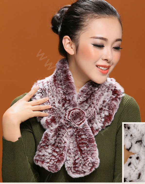 Winter women warm knitted Flower Rex rabbit fur scarf female neck wraps - Red