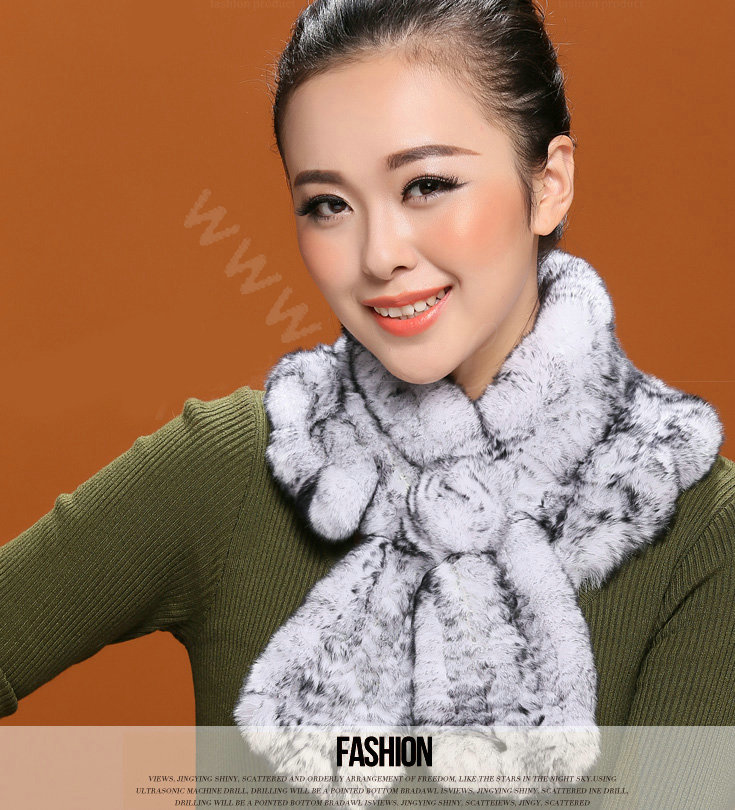 Winter women warm knitted Flower Rex rabbit fur scarf female neck wraps - White Black
