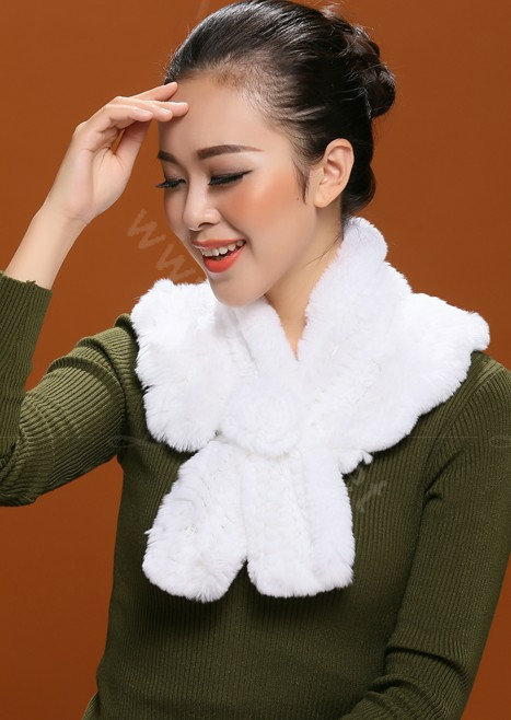 Winter women warm knitted Flower Rex rabbit fur scarf female neck wraps - White