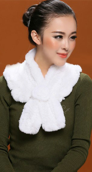 Winter women warm knitted Flower Rex rabbit fur scarf female neck wraps - White