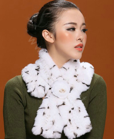 Winter women warm knitted Flower Stripe Rex rabbit fur scarf female neck wraps - White