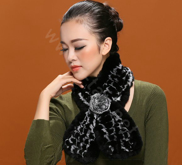 Winter women warm knitted Rex rabbit fur scarf female Flower neck wraps - Black Grey