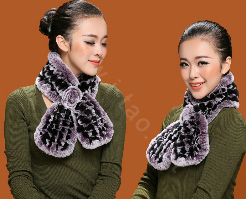 Winter women warm knitted Rex rabbit fur scarf female Flower neck wraps - Black Purple