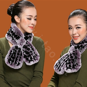 Winter women warm knitted Rex rabbit fur scarf female Flower neck wraps - Black Purple