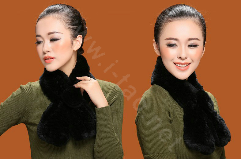 Winter women warm knitted Rex rabbit fur scarf female Flower neck wraps - Black