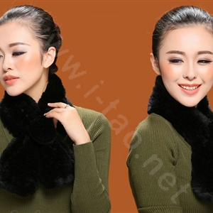 Winter women warm knitted Rex rabbit fur scarf female Flower neck wraps - Black