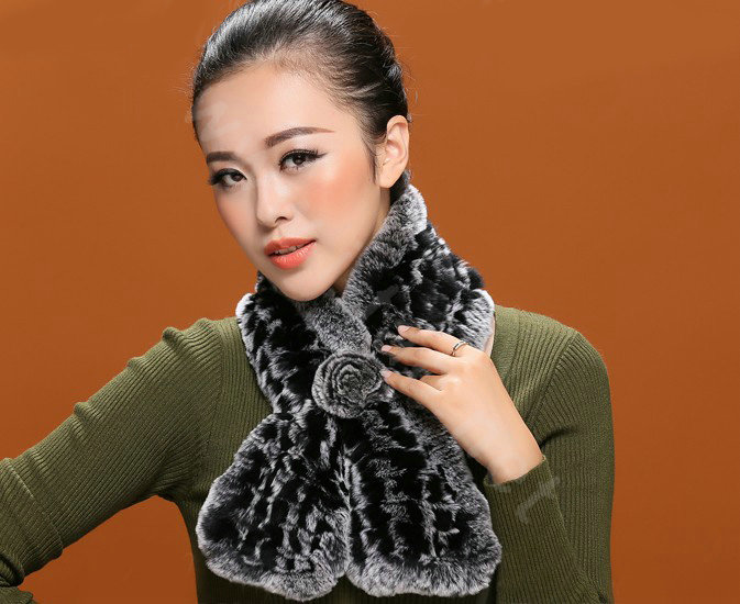 Winter women warm knitted Rex rabbit fur scarf female Flower neck wraps - Grey Black