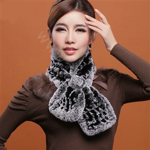 Winter women warm knitted Rex rabbit fur scarf female Flower neck wraps - Grey Black