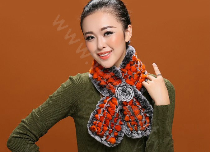 Winter women warm knitted Rex rabbit fur scarf female Flower neck wraps - Grey Orange