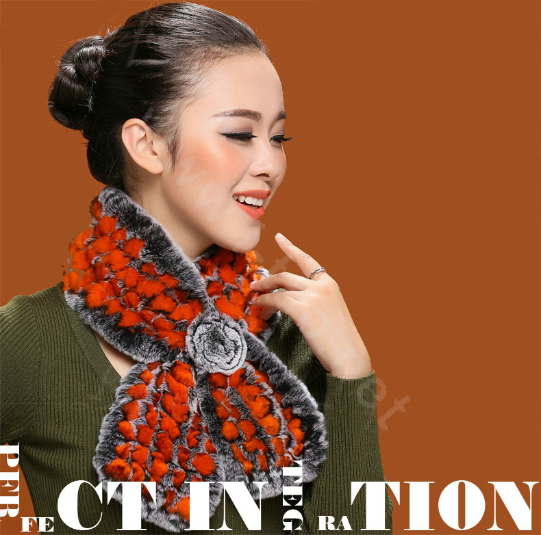 Winter women warm knitted Rex rabbit fur scarf female Flower neck wraps - Grey Orange