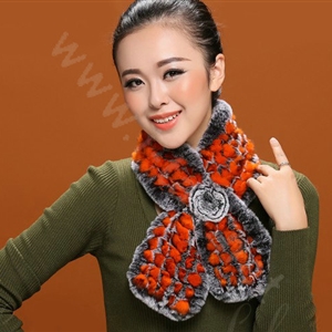 Winter women warm knitted Rex rabbit fur scarf female Flower neck wraps - Grey Orange