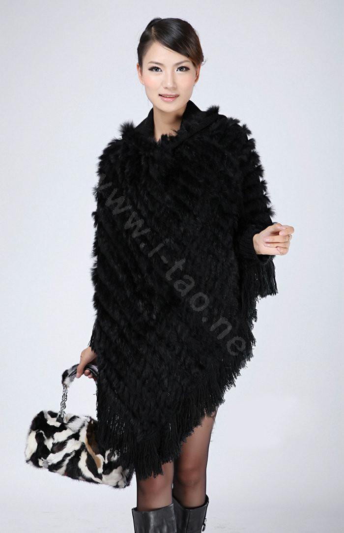 Woman Fashion Genuine Knitted Rabbit Fur Poncho Winter Warm Wraps Hooded Shawls - Black
