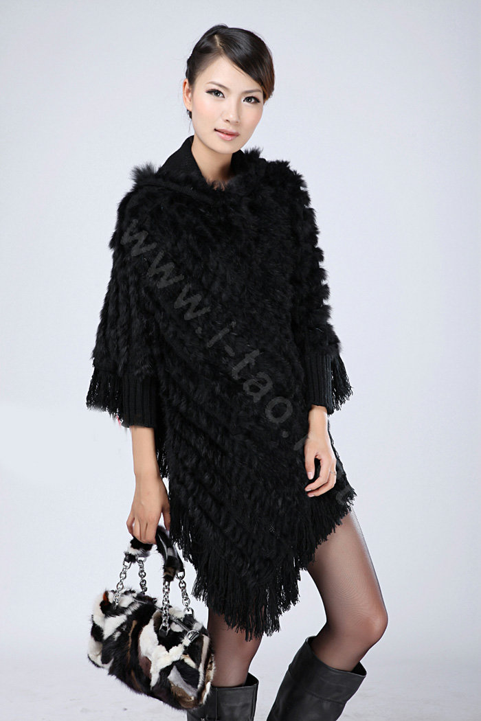 Woman Fashion Genuine Knitted Rabbit Fur Poncho Winter Warm Wraps Hooded Shawls - Black