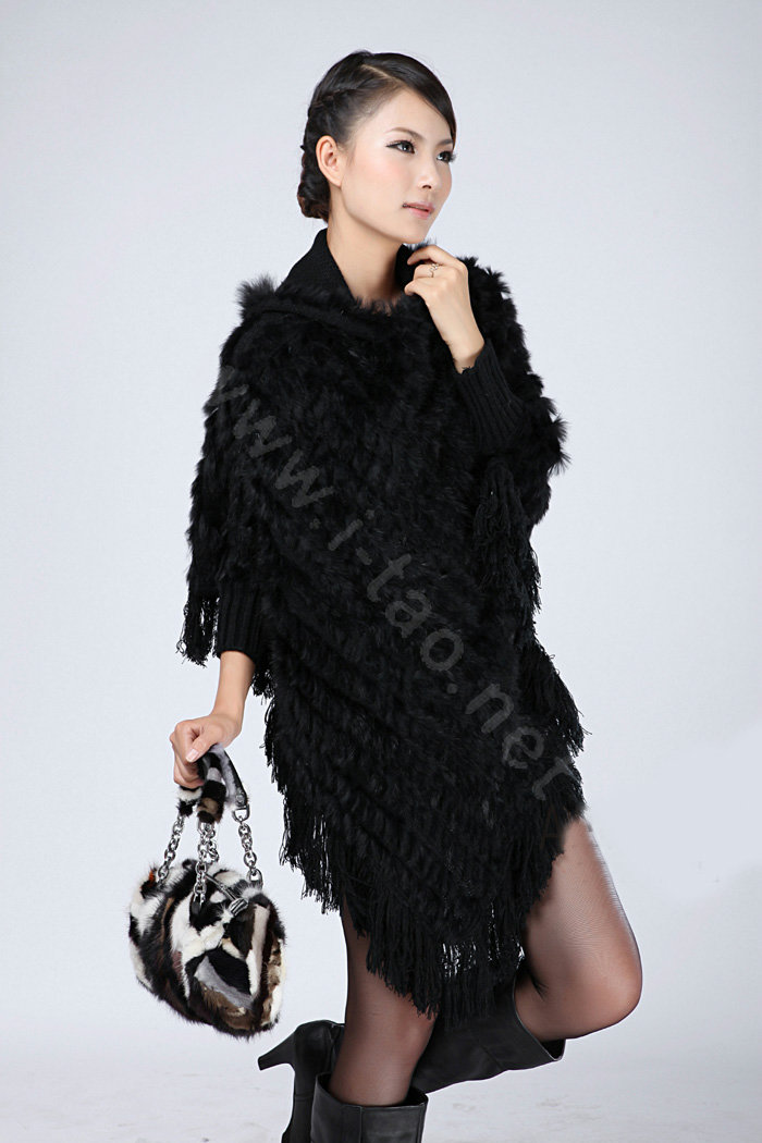 Woman Fashion Genuine Knitted Rabbit Fur Poncho Winter Warm Wraps Hooded Shawls - Black