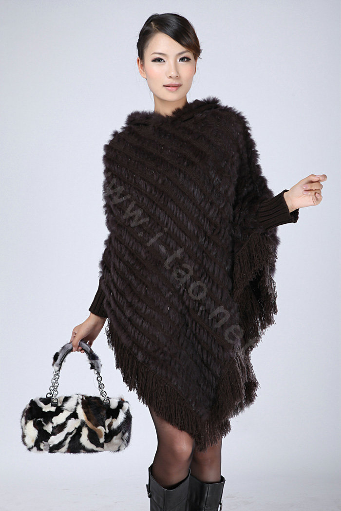 Woman Fashion Genuine Knitted Rabbit Fur Poncho Winter Warm Wraps Hooded Shawls - Coffee
