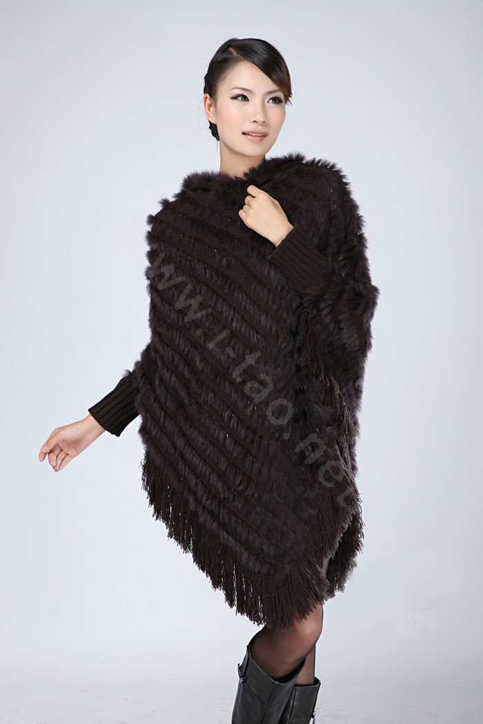 Woman Fashion Genuine Knitted Rabbit Fur Poncho Winter Warm Wraps Hooded Shawls - Coffee