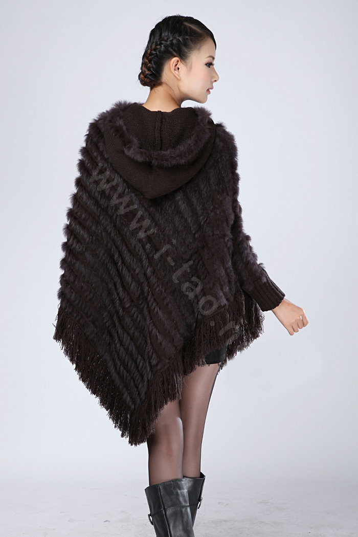 Woman Fashion Genuine Knitted Rabbit Fur Poncho Winter Warm Wraps Hooded Shawls - Coffee