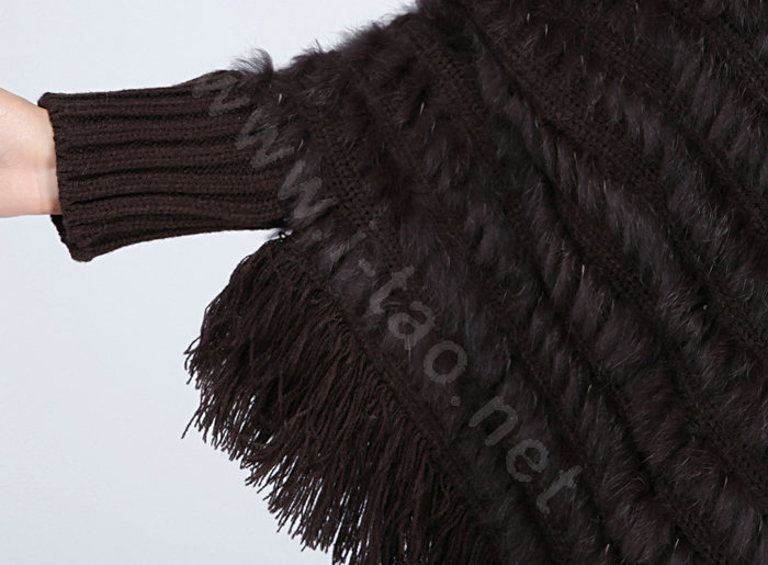 Woman Fashion Genuine Knitted Rabbit Fur Poncho Winter Warm Wraps Hooded Shawls - Coffee