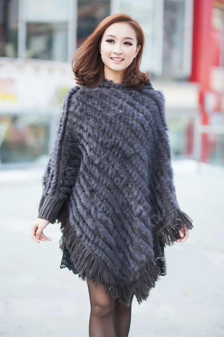 Woman Fashion Genuine Knitted Rabbit Fur Poncho Winter Warm Wraps Hooded Shawls - Grey