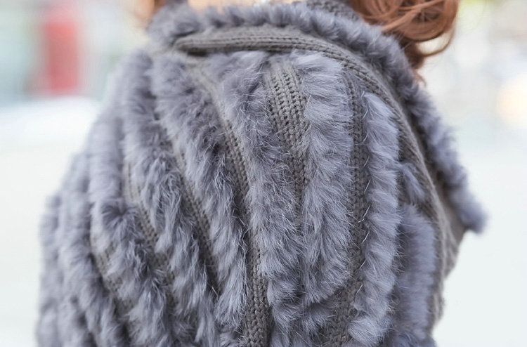 Woman Fashion Genuine Knitted Rabbit Fur Poncho Winter Warm Wraps Hooded Shawls - Grey