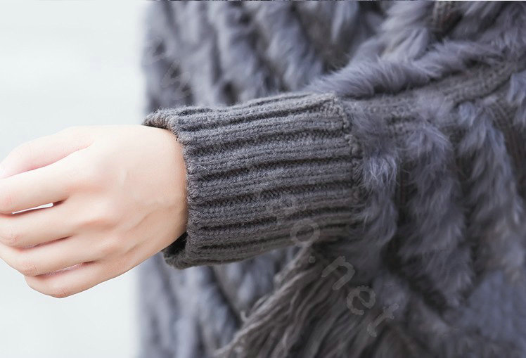 Woman Fashion Genuine Knitted Rabbit Fur Poncho Winter Warm Wraps Hooded Shawls - Grey